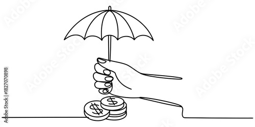 Financial security concept with hand holding umbrella protecting stacked dollar coins, continuous line art drawing on white. a Vector, illustration