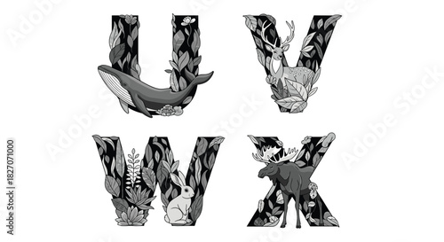 Alphabet letters U, V, W, and X creatively decorated with nature and animals.
