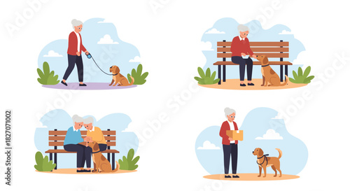 Four scenes depict elderly people interacting with dogs in park settings.