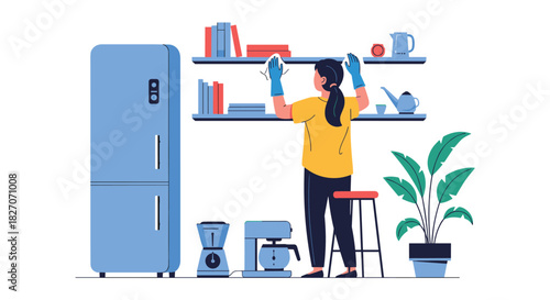 Young woman in blue gloves cleaning a shelf with books and kitchen appliances below.