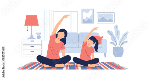 Mother and daughter doing yoga poses together on a mat in their living room.