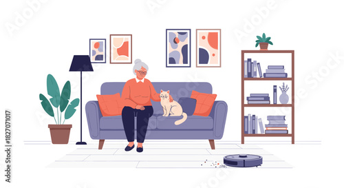 Elderly woman petting a cat on a sofa while a robot vacuum cleans the floor.
