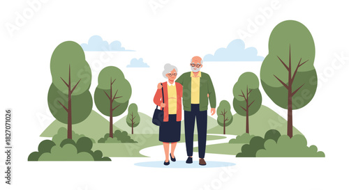 Elderly couple walks arm-in-arm through a lush park with trees and hills.