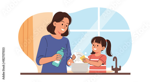 Mother and daughter washing dishes together at the kitchen sink with suds and a bottle of dish soap.