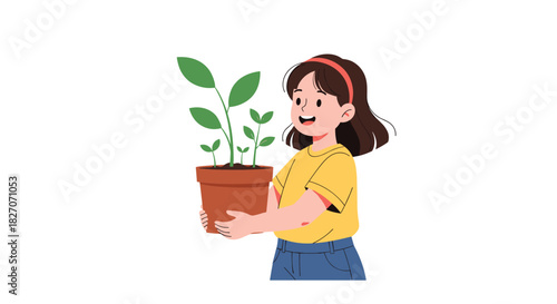 A young girl happily holds a potted plant with several green sprouts and leaves.