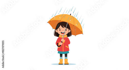 Happy child holding an umbrella in the rain, wearing a raincoat and boots.