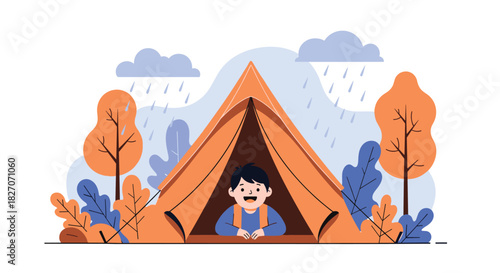 A happy child peeks out of an orange tent during a rainy day in a forest setting.