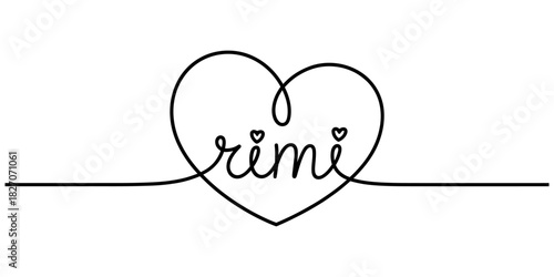 Continuous black line drawing forming a heart shape with the handwritten name 'rimi' and tiny heart dots, isolated on a clean white background. Vector, illustration