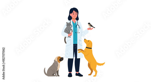 Veterinarian holding a cat, with a bird on her hand and two dogs nearby;.