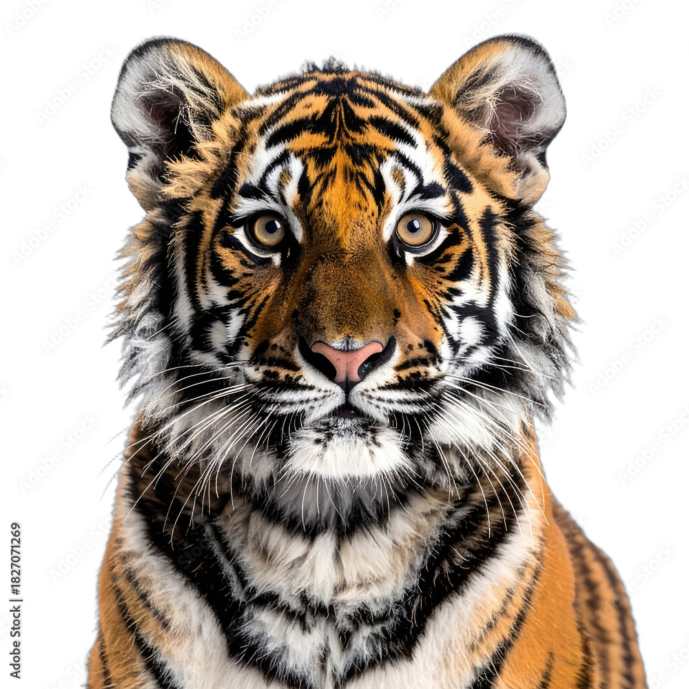 Fototapeta premium A striking close-up portrait of a young tiger against a stark black background.