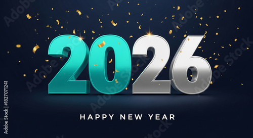 Image of teal and silver number 2026 with confetti, celebrating a future event, representing a fresh start and festive atmosphere for New Year