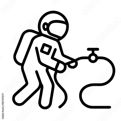 Thin-line astronaut adjusting portable oxygen valve mid-EVA for microgravity life-support reconfiguration. Flat vector, ideal for aerospace safety UI and emergency support system designs.