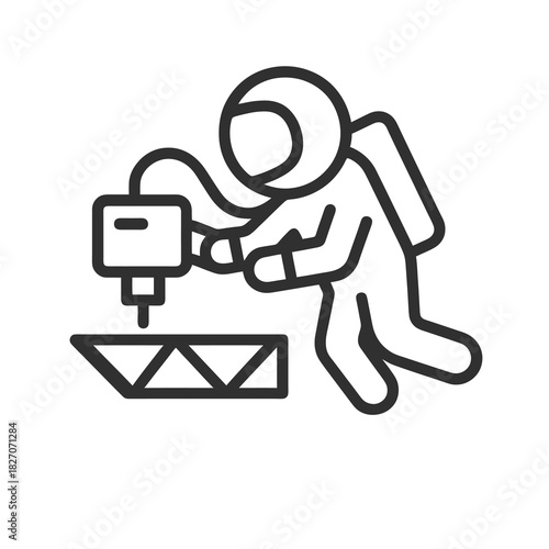 Thin-line astronaut using microgravity 3D printing device for structural repair in space. Flat vector, ideal for orbital engineering UI and advanced in-space manufacturing systems.