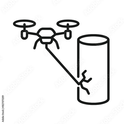Thin-line black nano inspection drone icon detecting microfractures in containment walls. Flat vector, ideal for high-risk engineering UI and autonomous safety monitoring systems.