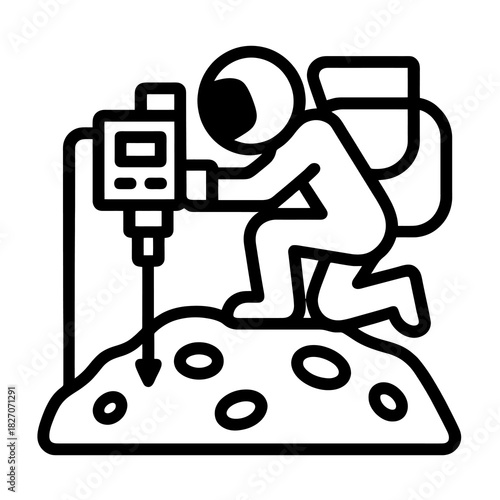 Thin-line astronaut collecting microbial sample from asteroid using AI lab probe. Flat vector, ideal for astrobiology UI, deep-space research systems and autonomous exploration technology.