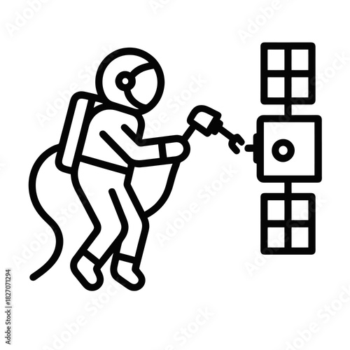 Thin-line black astronaut calibrating precision tool on satellite exterior in microgravity. Flat vector, ideal for aerospace tech UI, orbital maintenance systems and advanced EVA operations.