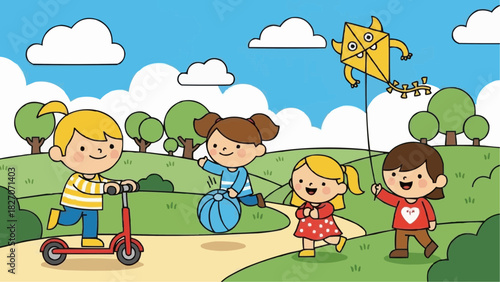Illustration of children playing outdoors with a kite, scooter, and ball in a park setting with trees and clouds