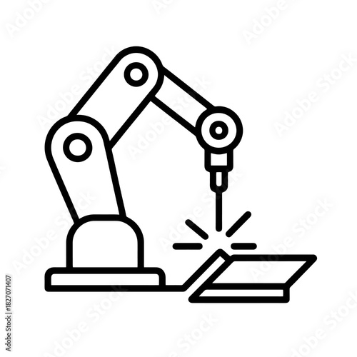 Thin-line black robotic welding arm icon showing high-precision industrial automation. Flat vector, ideal for manufacturing UI, advanced engineering systems and smart factory design.