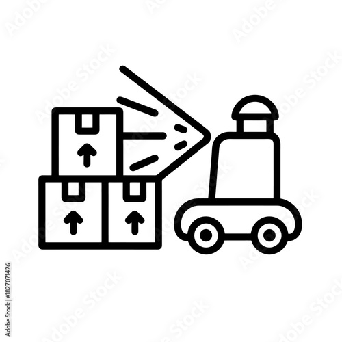 Thin-line black robotic inventory scanner icon symbolizing automated warehouse logistics. Flat vector, ideal for supply chain UI, smart storage systems and industrial automation platforms.