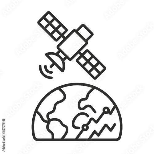 Thin-line black satellite monitoring icon representing environmental data tracking from space. Flat vector, ideal for climate tech dashboards, geospatial analytics and sustainability platforms.