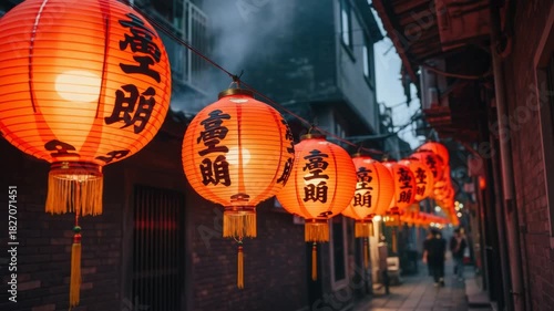 Glowing red chinese lanterns illuminating a narrow alleyway at night in jiufen, taiwan. Atmospheric travel background showing traditional asian culture and festival decorations