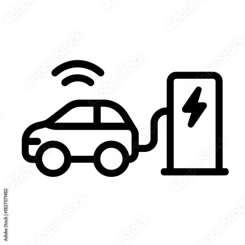 Black icon of autonomous electric vehicle charging at smart station with energy symbol. Flat vector, thick outline, ideal for mobility tech apps and sustainable transportation interfaces.