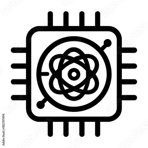 Black quantum processor icon showcasing futuristic computing and high-performance data processing. Flat vector, thick outline, suitable for AI, tech dashboards and advanced innovation interfaces.