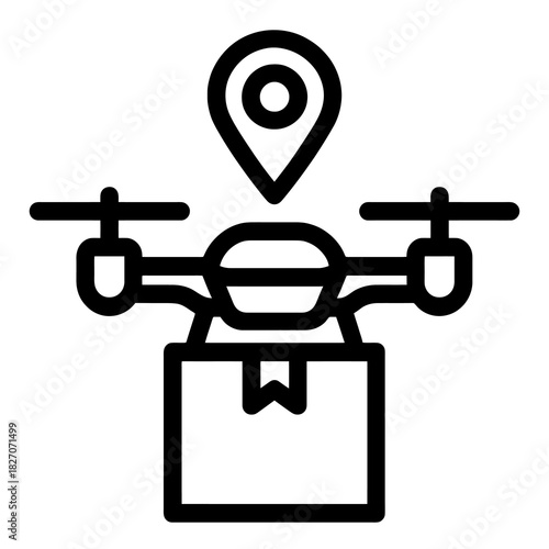 Black drone delivery icon with GPS pin symbol, representing autonomous logistics and real-time tracking. Flat vector, thick outline, ideal for tech apps, AI delivery systems and smart transportation.