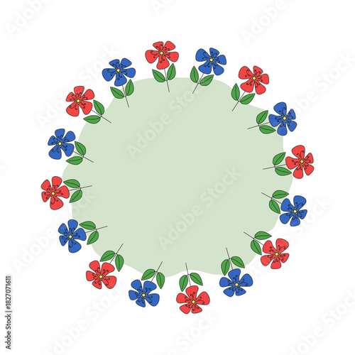 Abstract bright flowers. Round frame, border. Floral banner with space for text, colorful greeting card, invitation. Drawing, doodle.