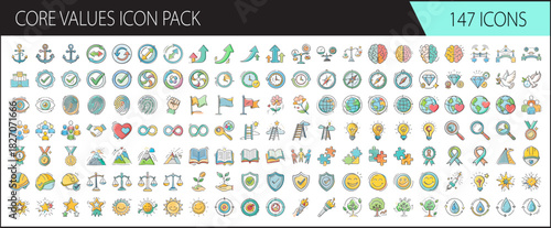 Core values icon pack doodle style, hand-drawn business, ethics, and life concepts set.