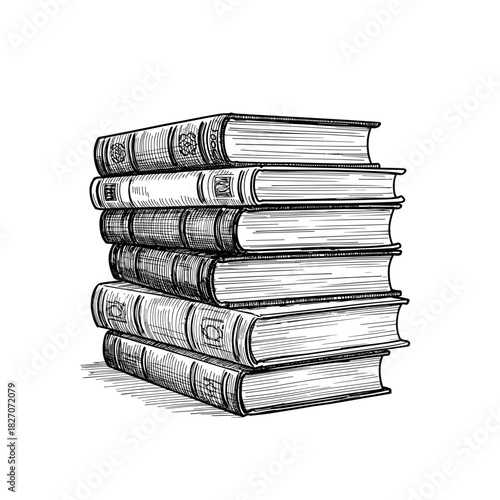 Stack of five vintage books in hand-drawn style  