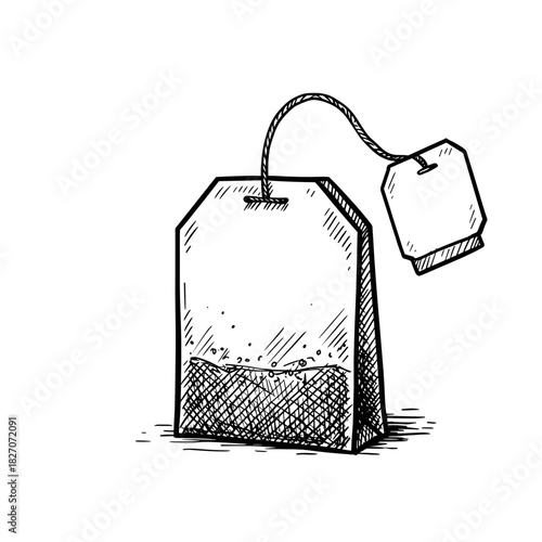Herbal tea bag with string and tag in hand-drawn style  