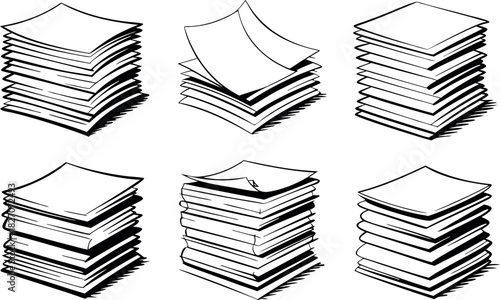 Set of stack of paper pages line art. Blank sheets. Hand drawn doodle vector illustration. Doodle paper heap. Contract document pile