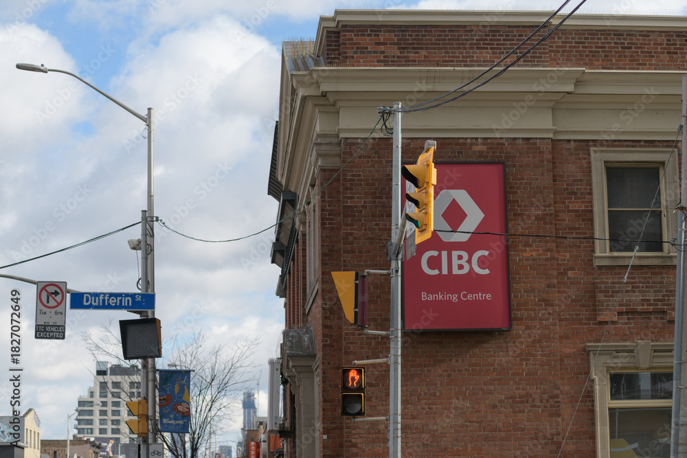Obraz premium exterior building facade and sign at CIBC Branch with ATM located at 1129 Bloor St W, Toronto