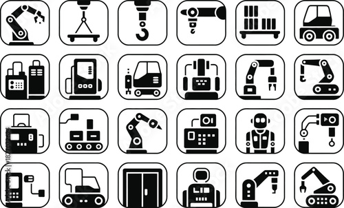 Industrial Automation and Robotics Glyph Icon Vector Set