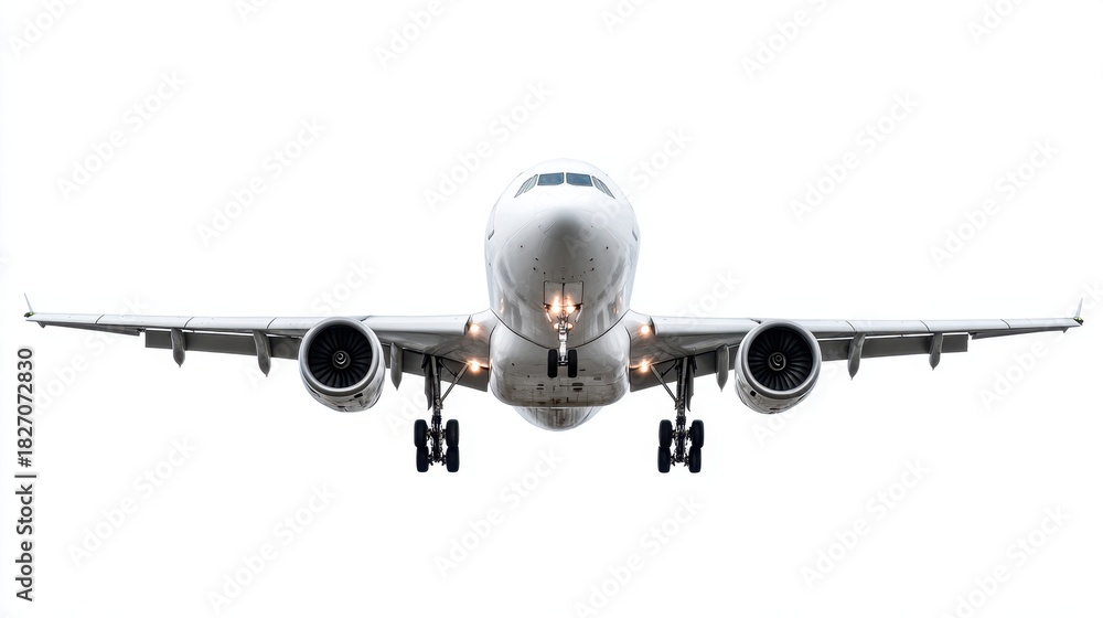 Obraz premium An airplane approaches an airport for landing with its landing gear extended and wings positioned for touchdown. The scene captures a moment of air travel excitement in a cloudy sky.