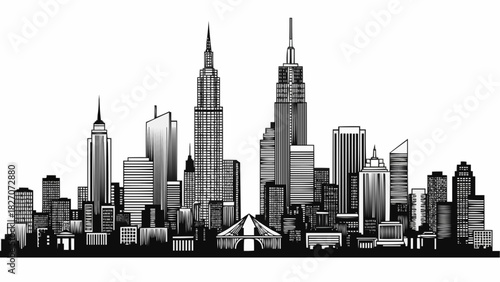 Monochromatic skyline illustration featuring various tall buildings and architectural structures in silhouette form