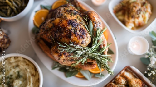 Roasted turkey with gravy and stuffing on a wooden dinner table