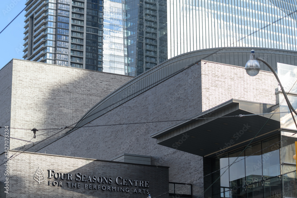 Obraz premium exterior building facade and sign of Four Seasons Centre for the Performing Arts located at 145 Queen St W, Toronto