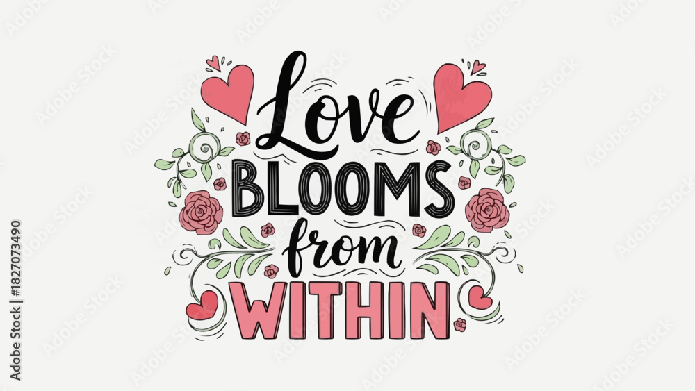 Fototapeta premium Love blooms from within text with hearts and floral accents on a white background design element