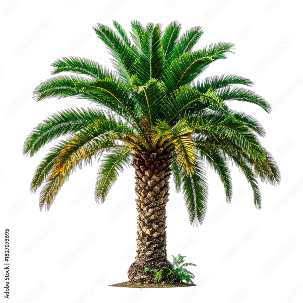 Obraz premium Vibrant palm tree with lush green fronds against a stark black background.
