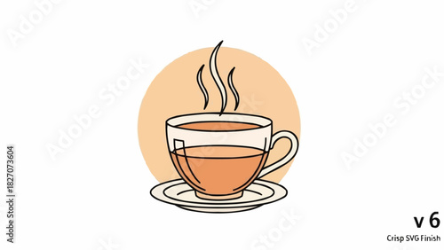Illustration of a steaming cup of tea on a saucer with a peach colored circle in the background