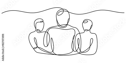 Continuous line drawing of three abstract human figures illustrating teamwork, unity, connection, community, and collaboration design Vector, illustration