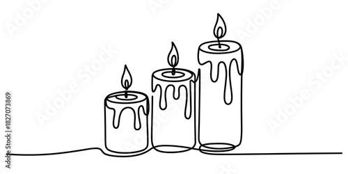 Continuous line drawing of three burning pillar candles with melting wax, symbolizing peace, warmth, and spiritual contemplation Vector, illustration