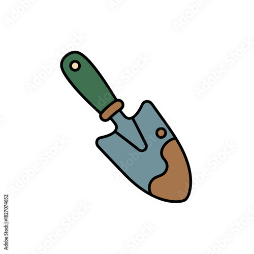 A Hand Trowel With Green Handle And Blue Metal Blade Covered In Brown Soil On A White Background Sticker Style Vector Art