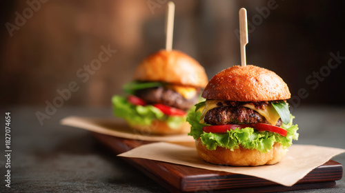 Wallpaper Mural Juicy gourmet burgers with fresh lettuce, tomatoes, and melted cheese served on wooden platter, showcasing delicious culinary presentation and textures Torontodigital.ca