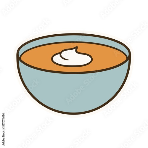 A light blue bowl filled with orange soup and topped with a swirl of white cream creating a comforting autumn meal presented as a simple illustration on a transparent background.