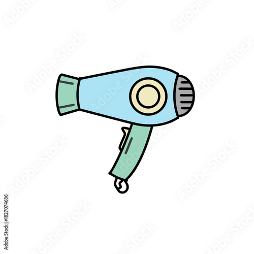 A light blue hairdryer with a beige and light blue circular accent and a light green handle rests on a black background in a simple cartoon style