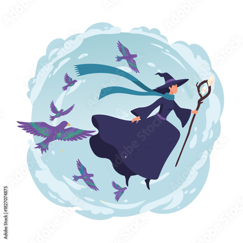 A Spooky Little Witch in a Dark Robe and Pointed Hat Flies Through a Cloudy Sky Holding a Magical Sickle and a Glowing Staff Surrounded by Purple Birds