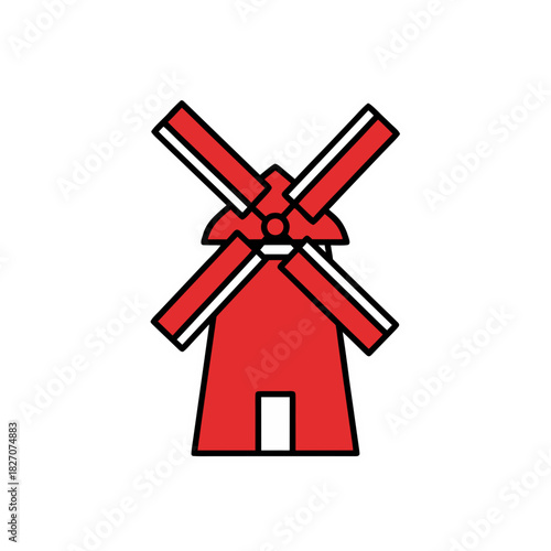 A Stylized Red Windmill Icon with White Accents on a Black Background Flat Vector Art Minimalist Graphic Design